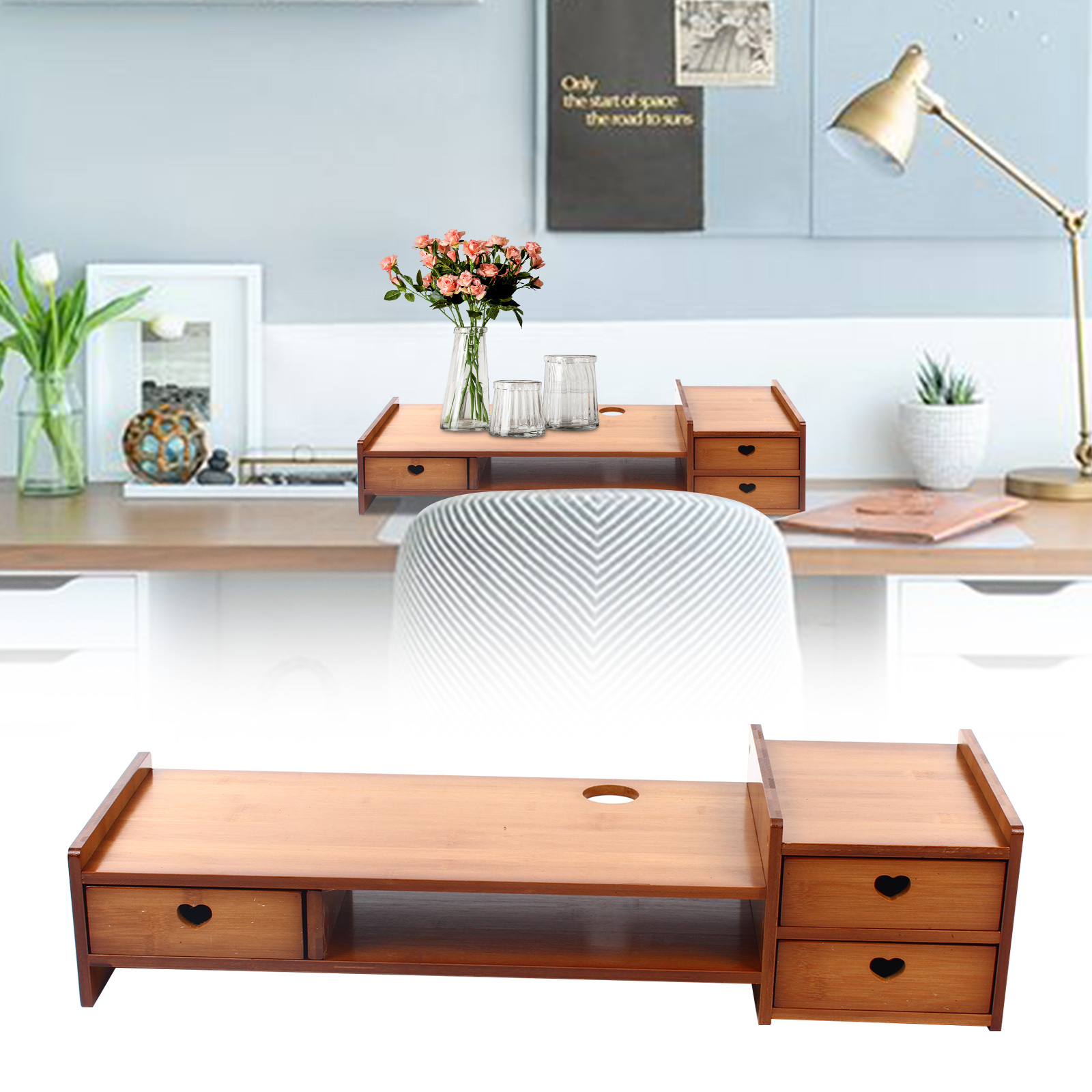 Laptop Stand Bamboo - Monitor Stand Riser with 3-Drawer 2-Tier